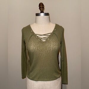 Divided Criss Cross Cutout Long Sleeve Shirt